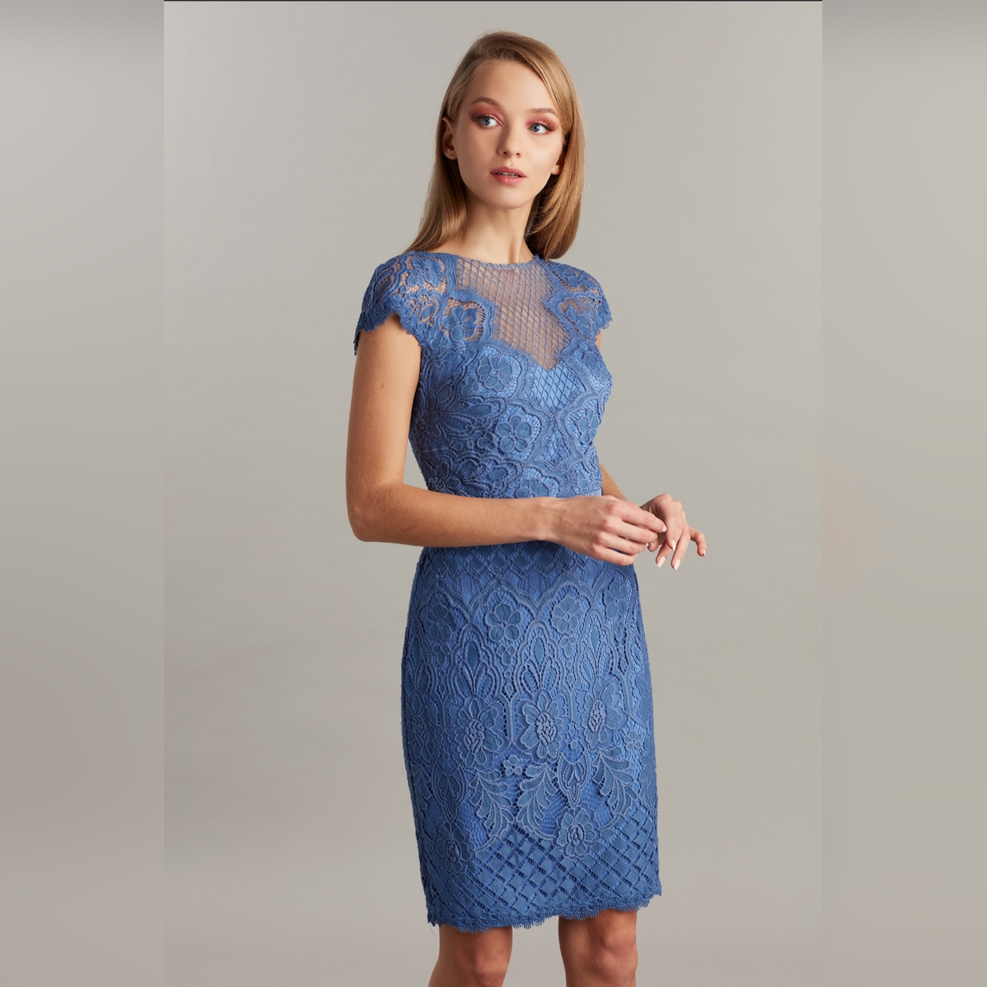 Tadashi Shoji Floral Lace Cap Sleeve Blue Stone Sheath Dress Sz 14
